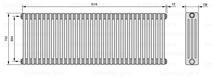 Схема (чертеж) Радиатор Zehnder Charleston 4075/33 №1270 Белый глянцевый RAL 9016